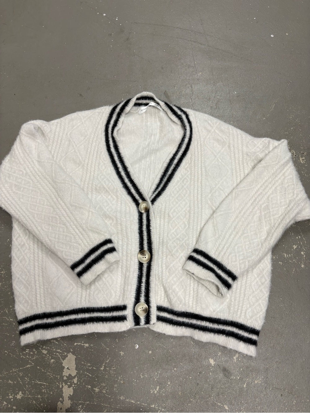 Altar'd State White Fuzzy Cable Knit Varsity Cardigan Womens Small